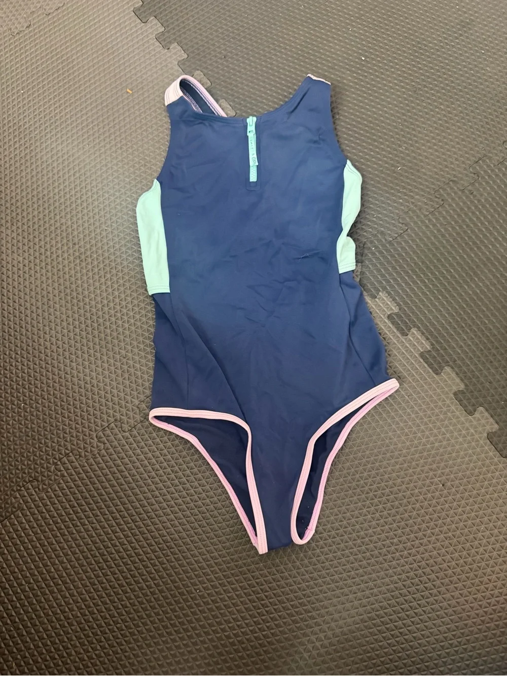Athleta Girl Navy One-Piece Swimsuit with Mint Panels and Pink Trim
